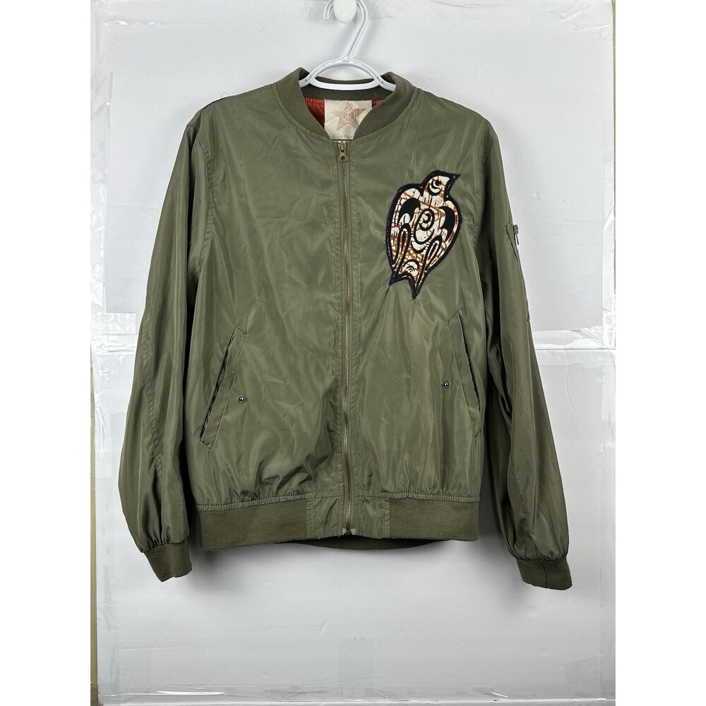 Jogal Women's Small Olive Bomber Jacket Wax Print Patches Refugee Makers